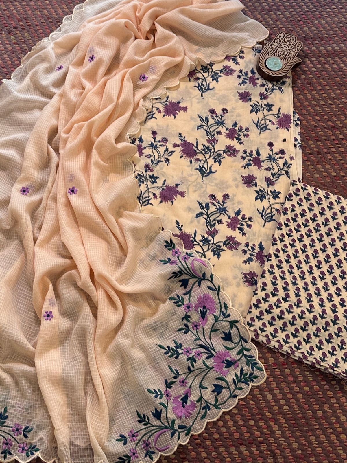 Pure Cotton Handblock Fabric Set with Embroidered Dupatta