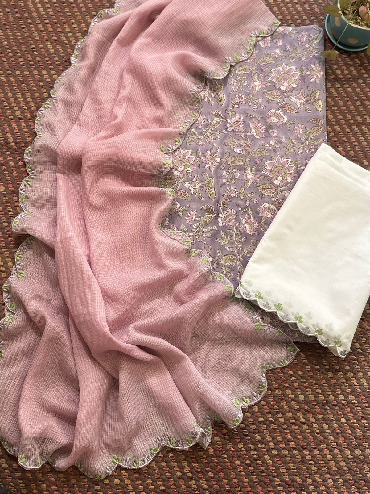 Pure Cotton Hand-block Fabric with Exclusive Embroidered Bottom & Kota Doria Dupatta