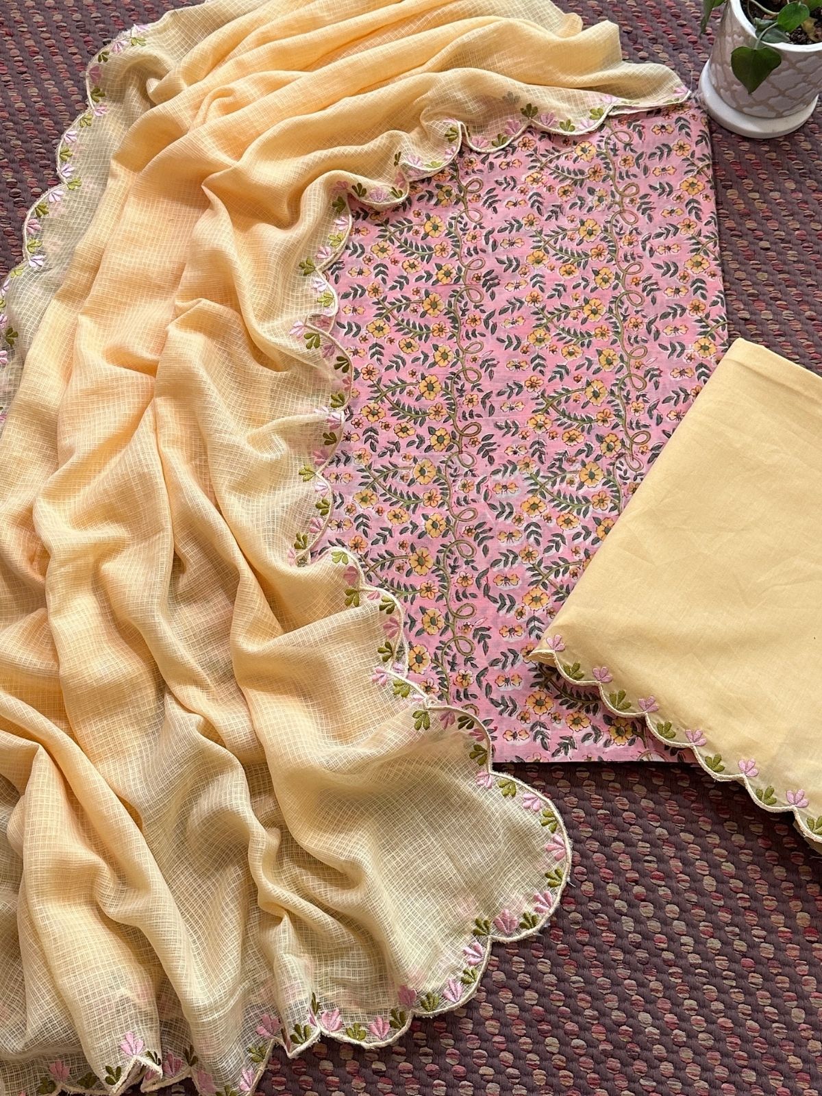 Pure Cotton Hand-block Fabric with Embroidered Bottom & Kota Doria Dupatta