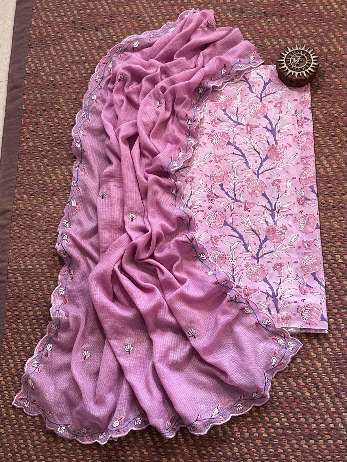 Pure Cotton Hand-blocked fabric set with Embroidered Dupatta