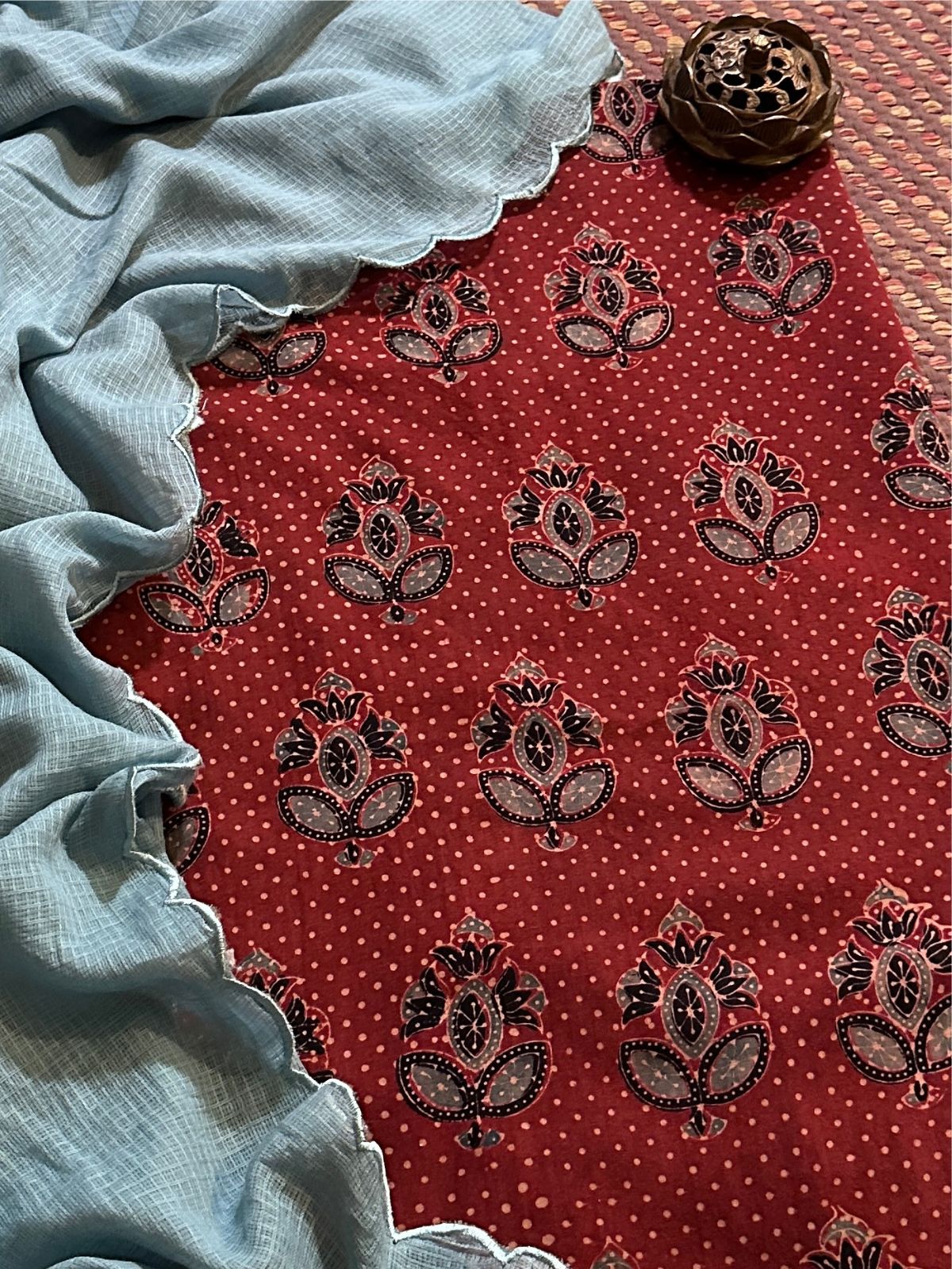 Pure Cotton Malmal Handblocked Ajrak Fabric Set