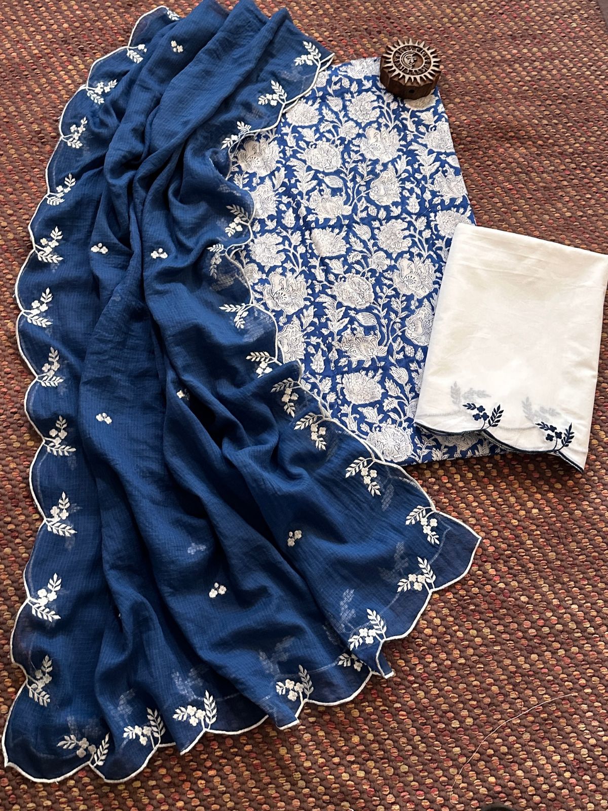 Pure Cotton Hand-block Fabric with Embroidered Bottom & Kota Doria Dupatta