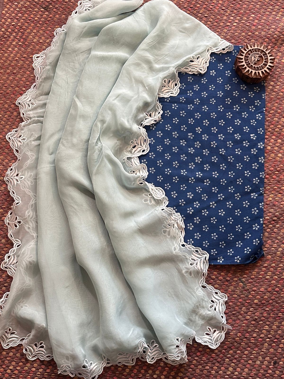 Pure Cotton Indigo Handblocked Fabric with Exclusive Cutwork Organza Dupatta