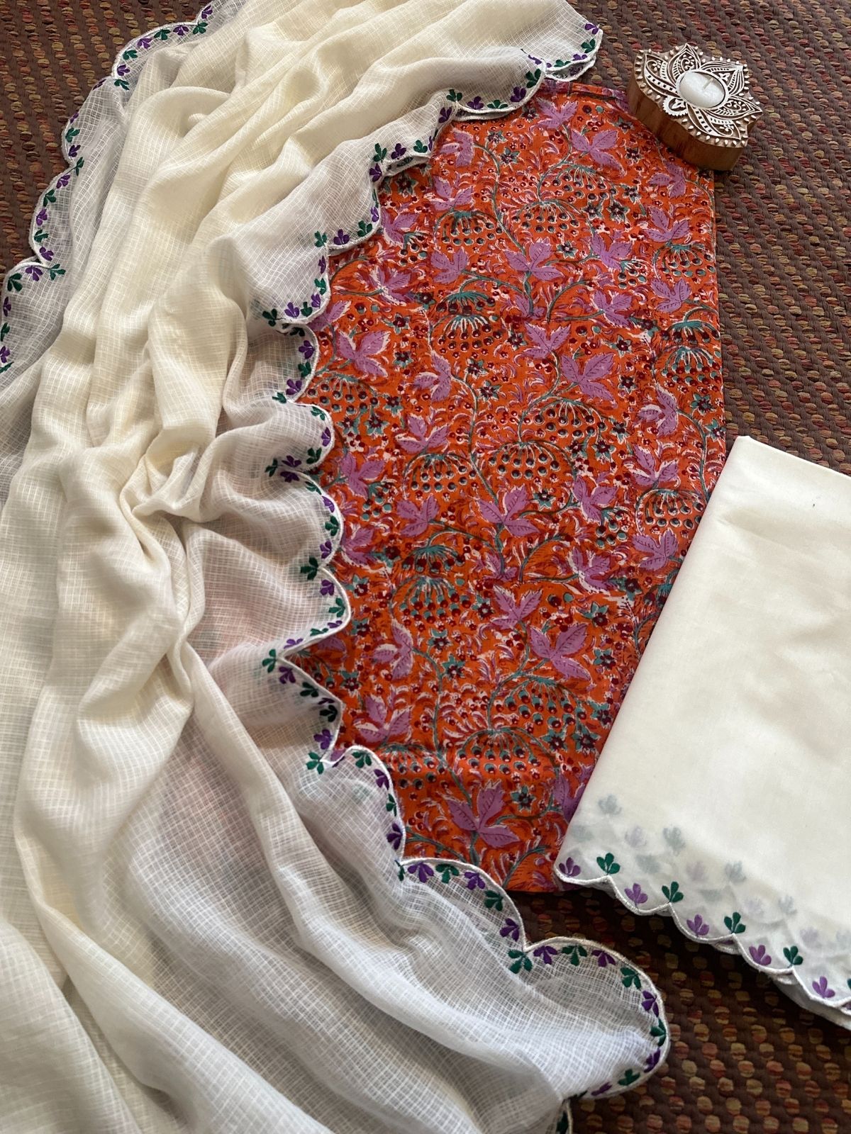 Pure Cotton Hand-block Fabric with Embroidered Bottom & Kota Doria Dupatta