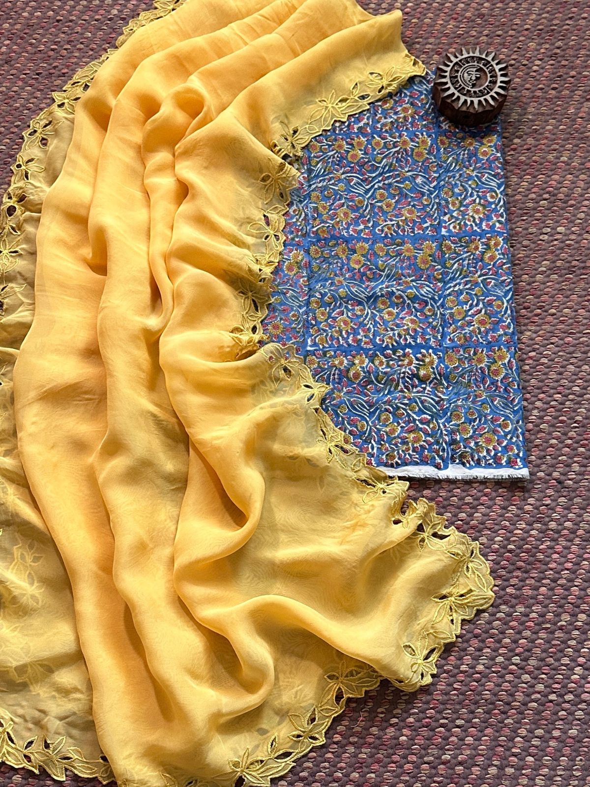 Pure Cotton Malmal Handblocked Fabric with Exclusive Cutwork Organza Dupatta