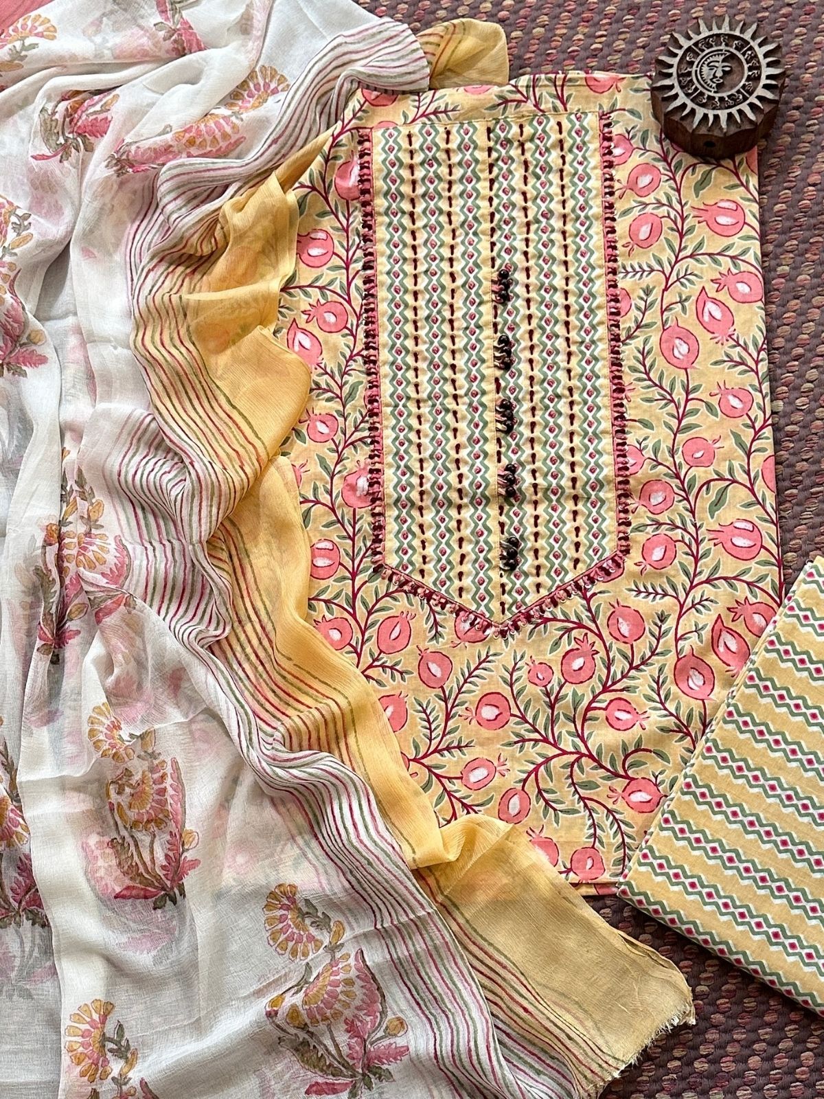 Pure Cotton Handblocked Unstitched Set with pure chiffon Dupatta
