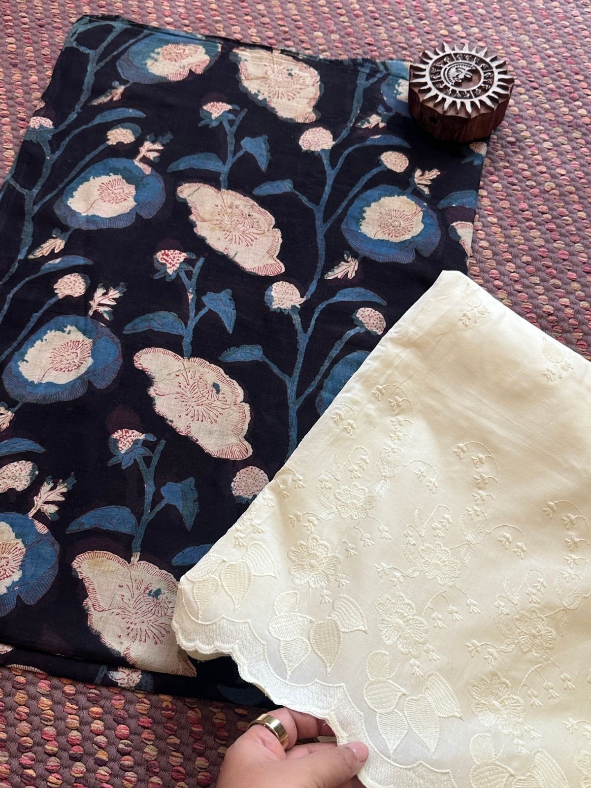 Pure Cotton Mul Fabric in natural dyes with & Embroidered Bottom