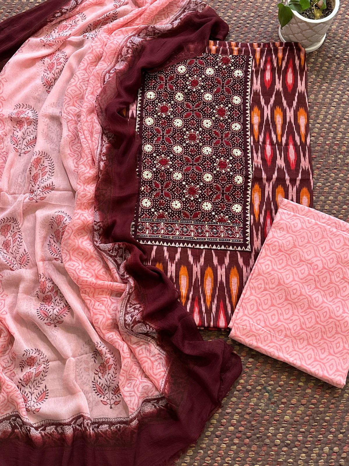 Pure Cotton Handblocked Unstitched Set with Chiffon Dupatta