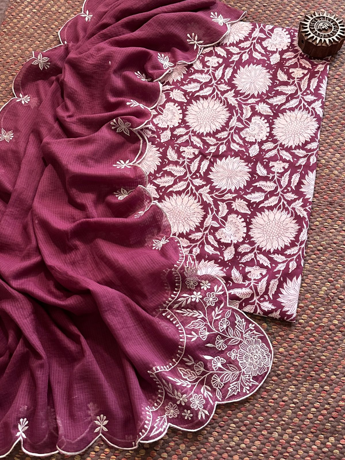 Pure Cotton Hand-blocked fabric set with Embroidered Dupatta