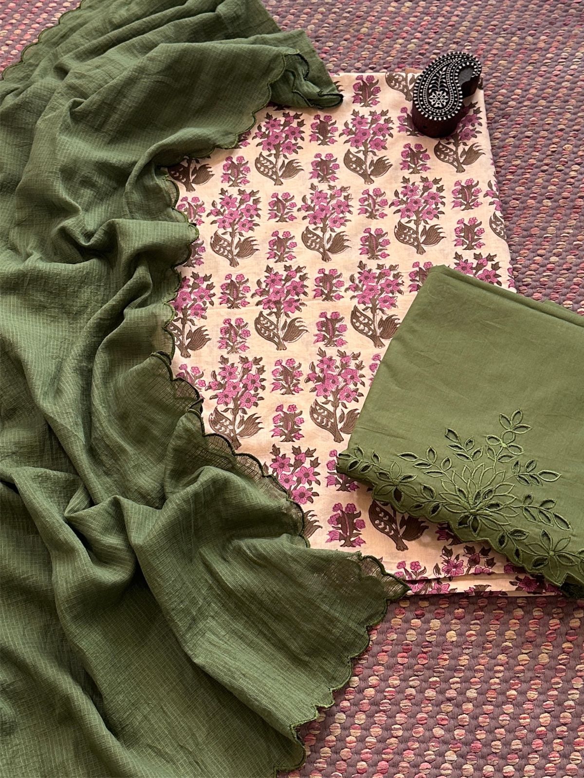 Pure Cotton Hand-blocked Fabric with Cutwork Bottom & Kota Doria Dupatta