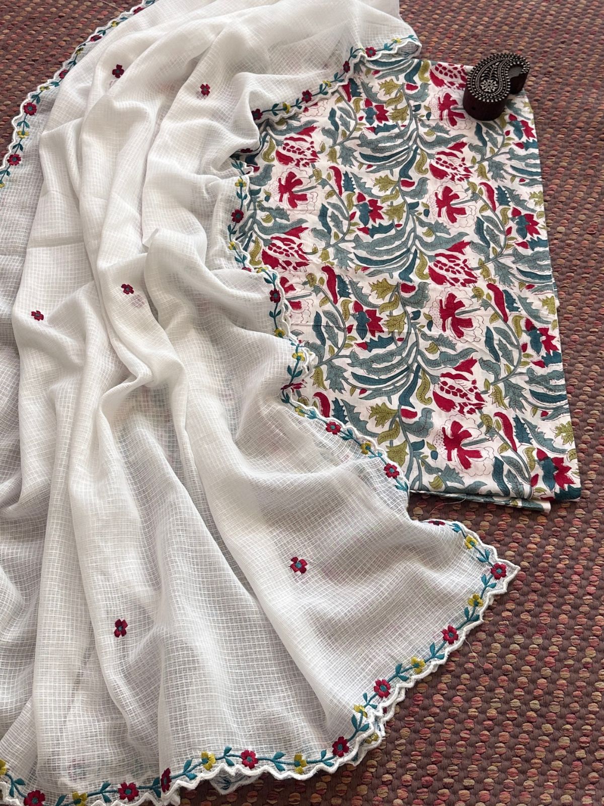 Pure Cotton Hand-blocked Fabric with Exclusive Embroidered Dupatta