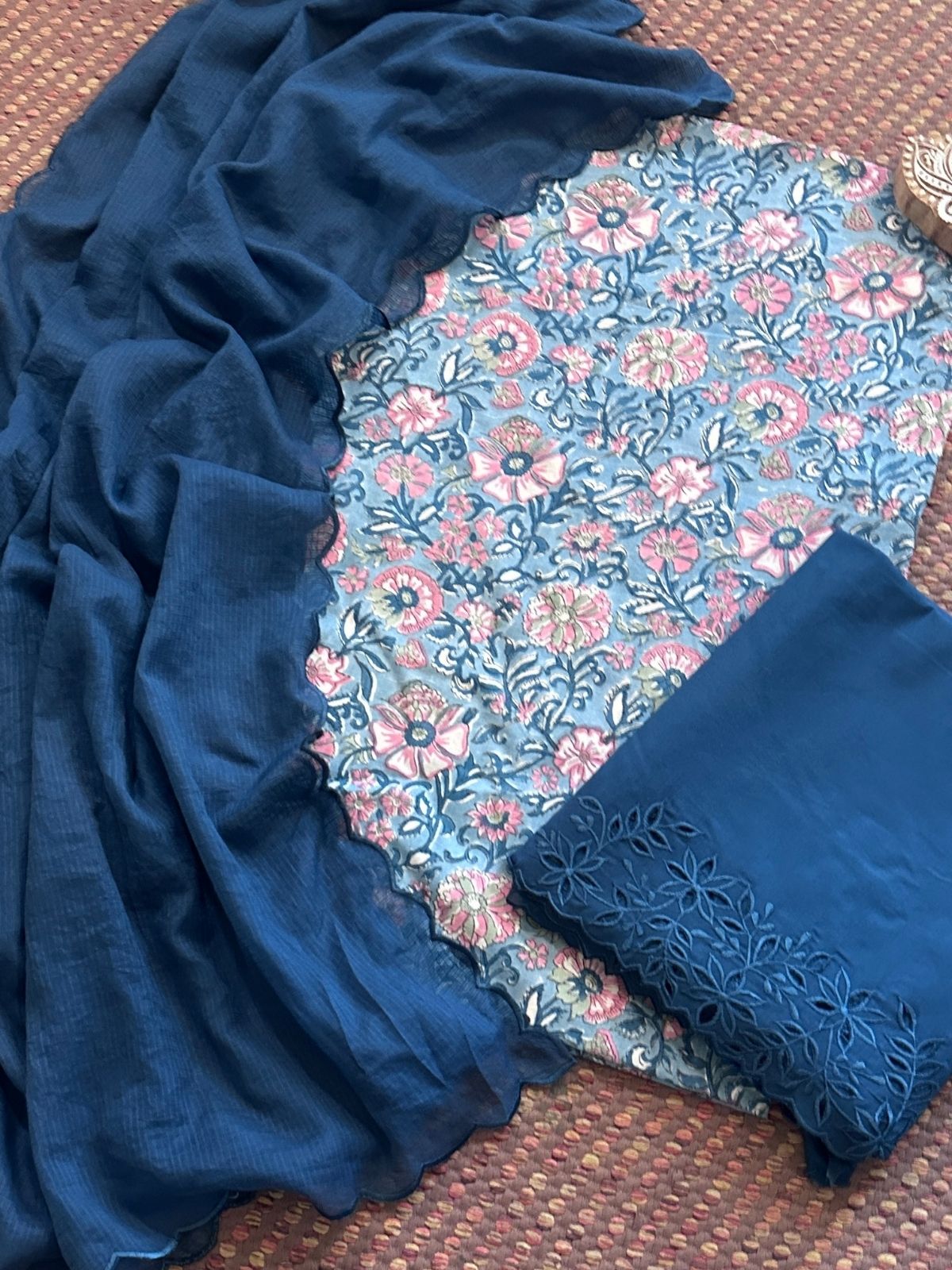 Pure Cotton Hand-blocked Fabric with Cutwork Bottom & Kota Doria Dupatta