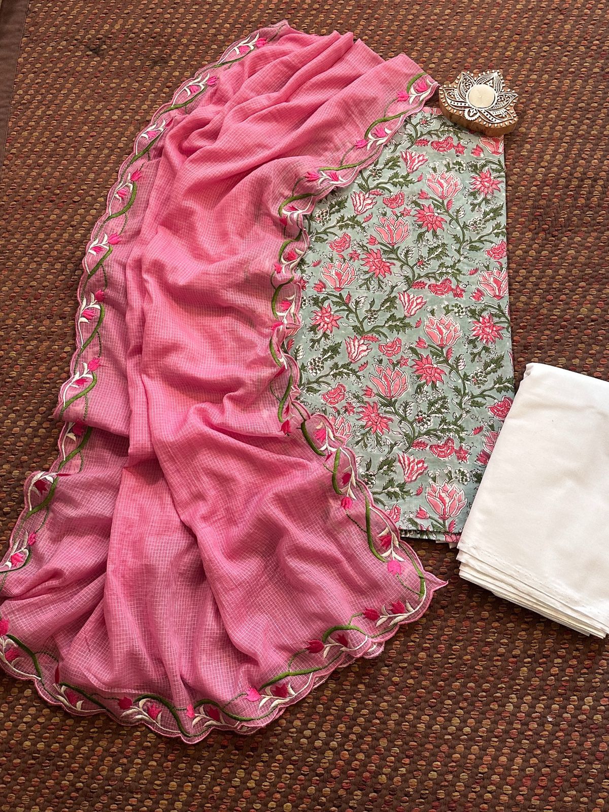 Pure Cotton Hand-blocked Fabric with Embroidered Dupatta