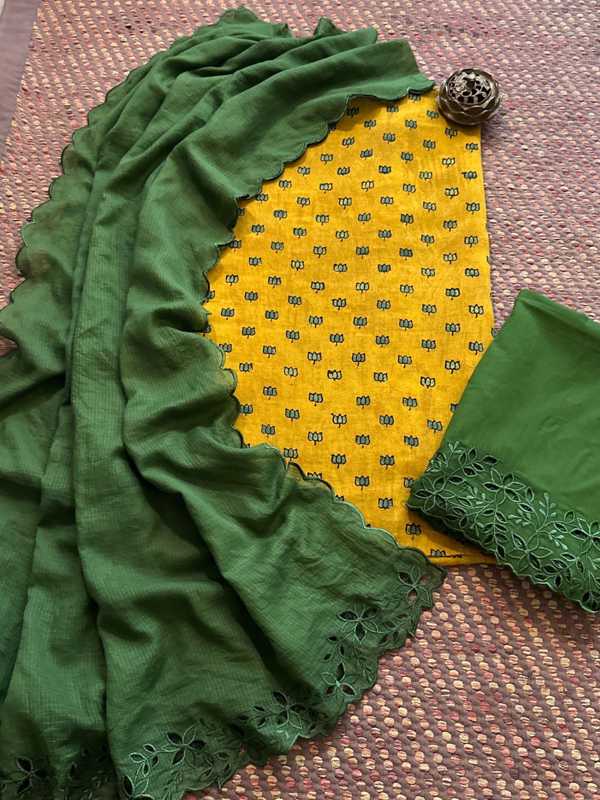Pure Cotton Malmal  Hand-blocked Ajrak Fabric with Cutwork Bottom & Kota Doria Dupatta
