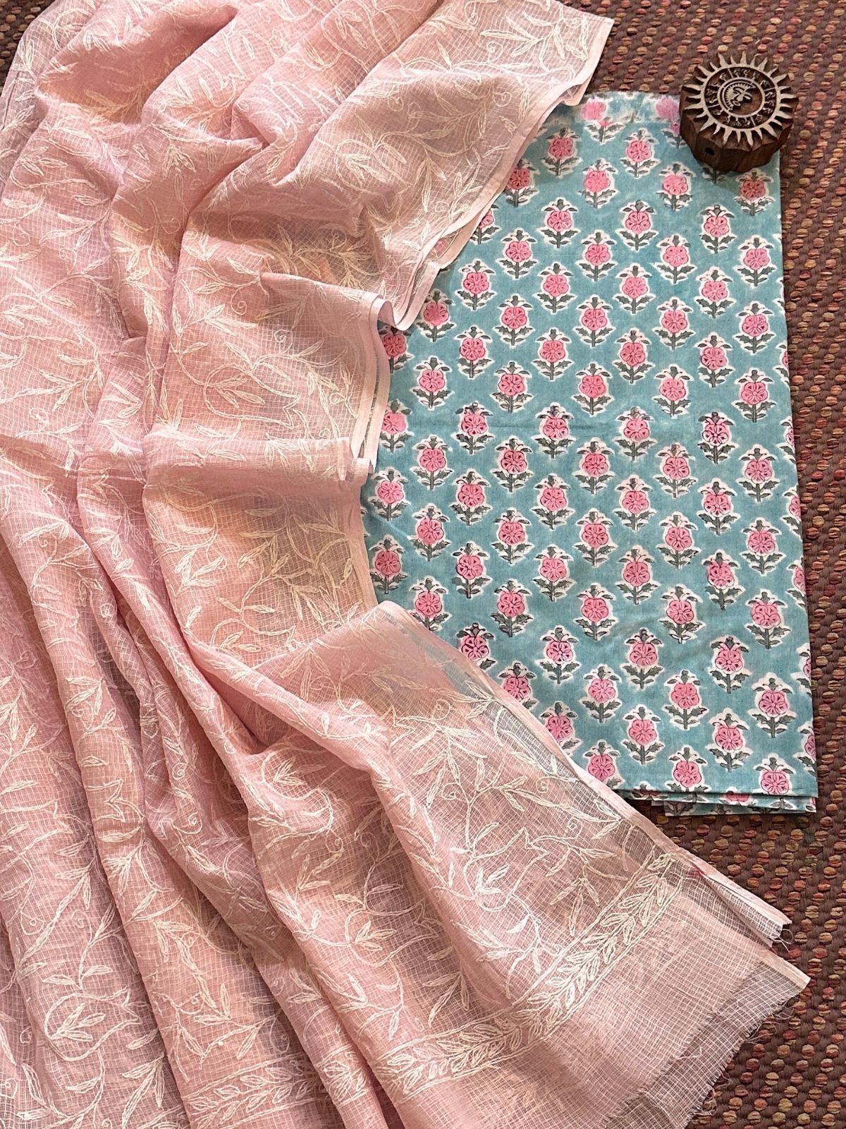 Pure Cotton Hand Blocked Fabric with Chikankari Dupatta