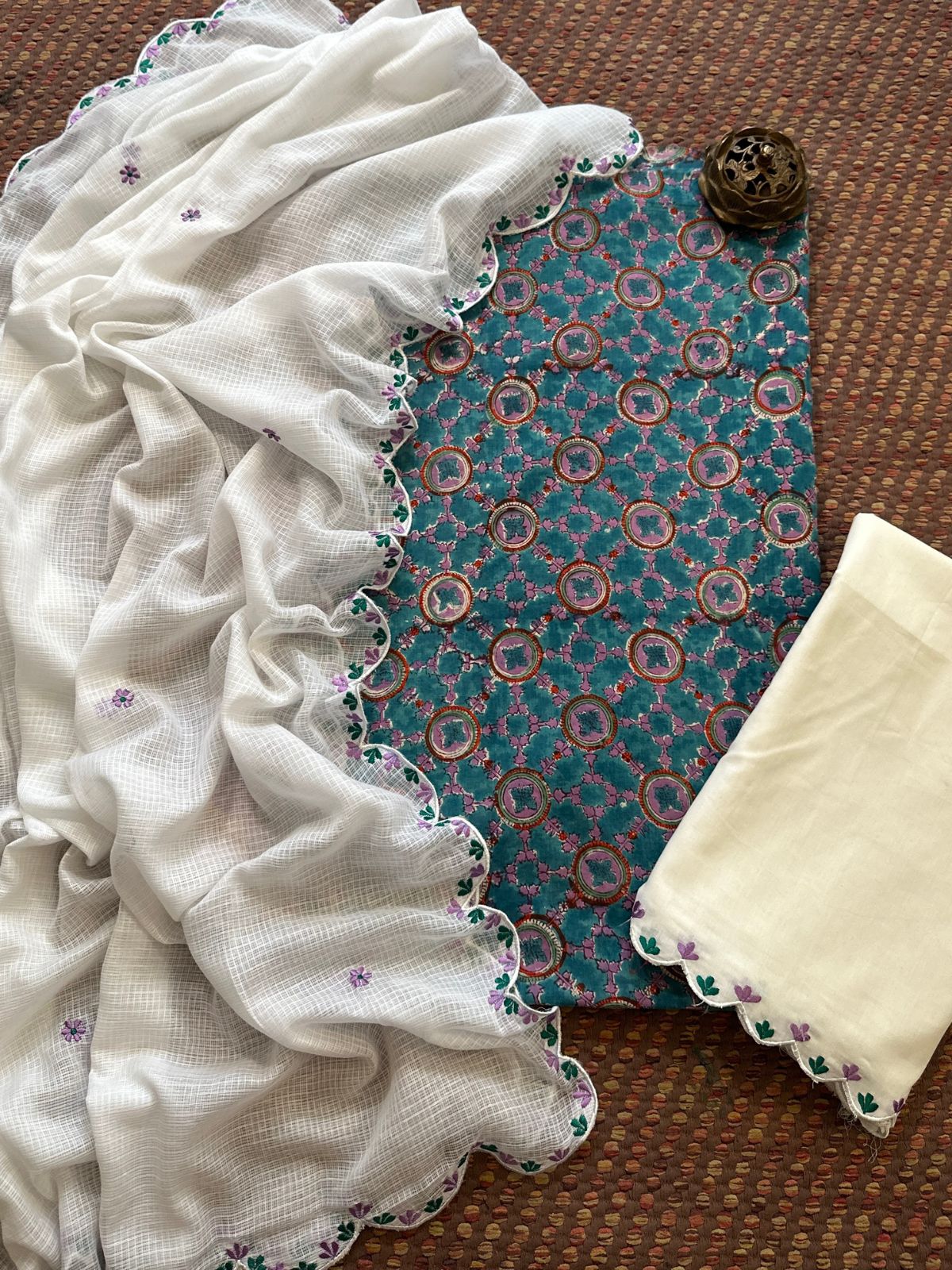 Pure Cotton Hand-block Fabric with Embroidered Bottom & Kota Doria Dupatta