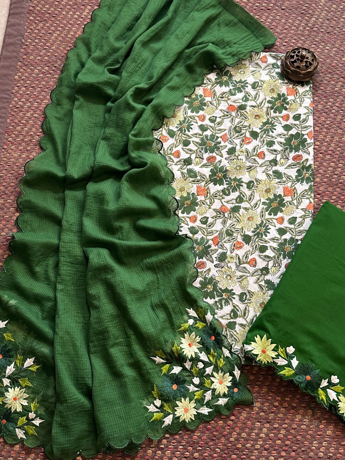 Pure Cotton Handblocked Fabric with Embroidered Dupatta & Bottom