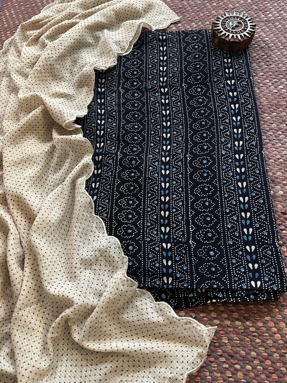 Ajrakh Cotton Malmal Handblocked Set- Top & Dupatta