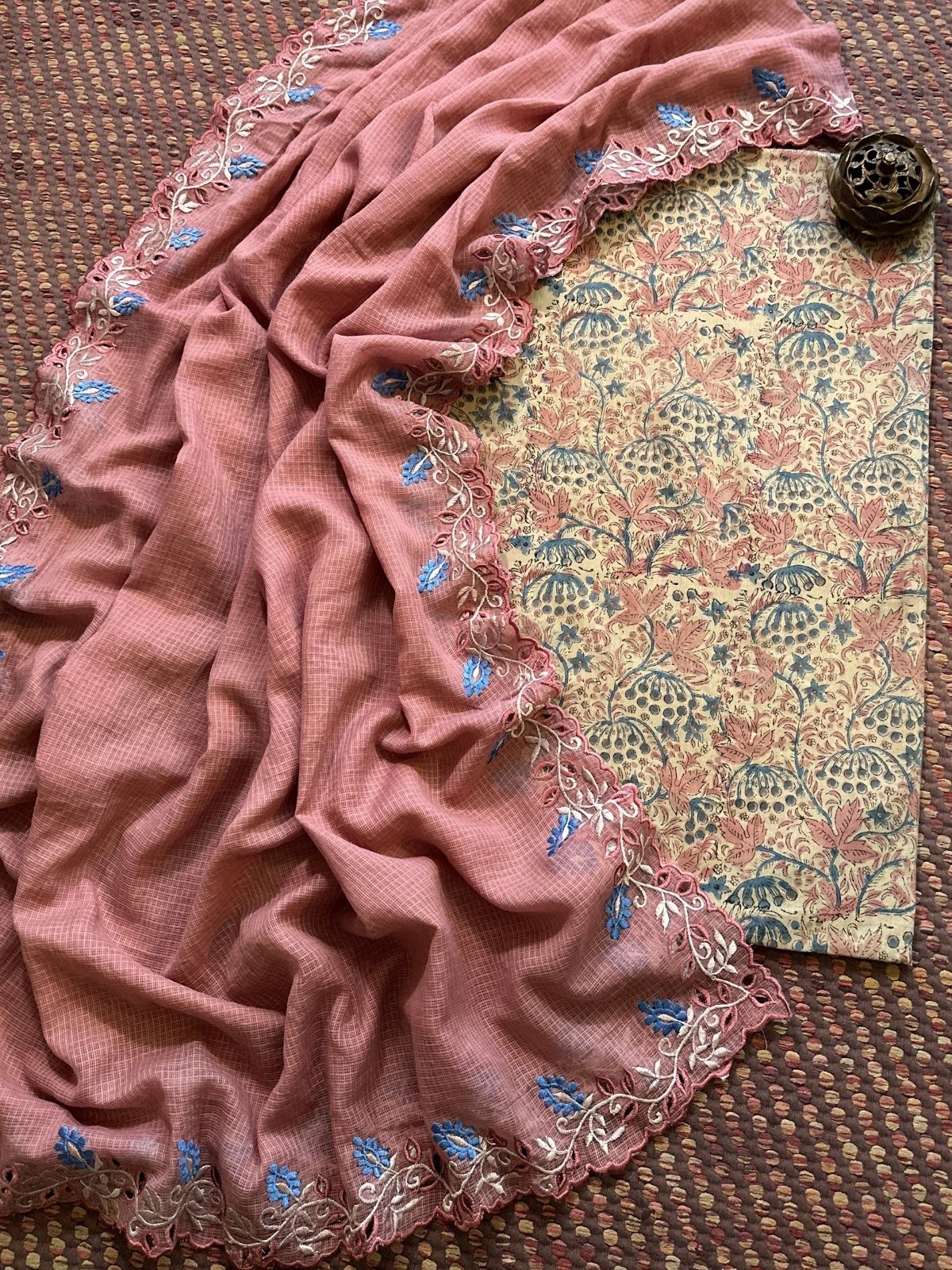 Pure Cotton Malmal Handblock Fabric with Cutwork Embroidered Dupatta