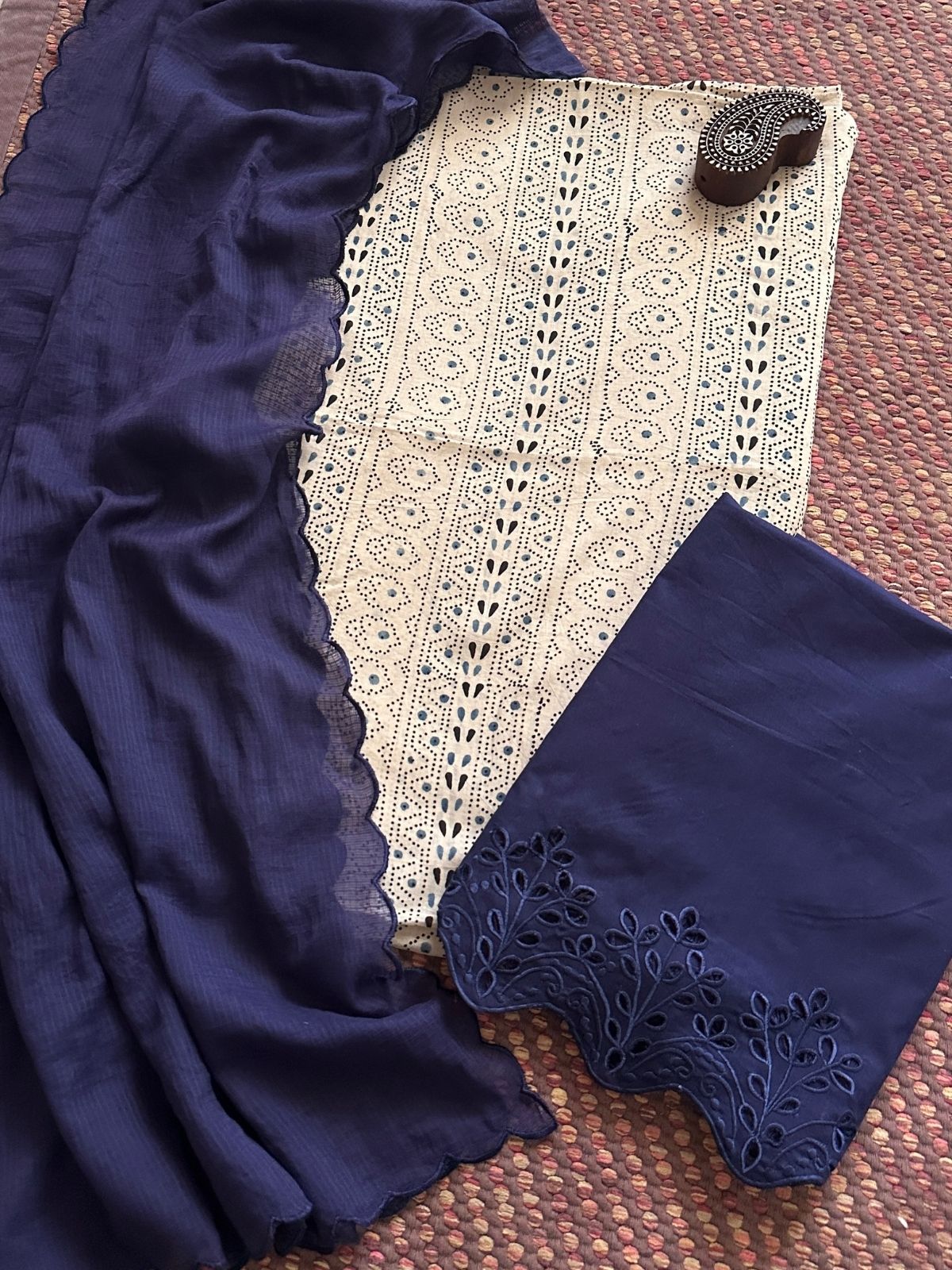Pure Cotton Malmal  Ajrakh Fabric with Exclusive Cutwork Bottom & Kota Doria Dupatta