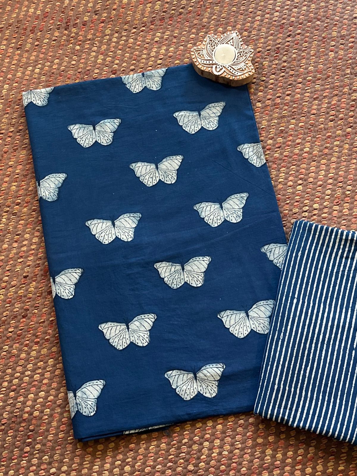 Pure Cotton Indigo Handblocked Fabric Unstitched Set- Top & Bottom