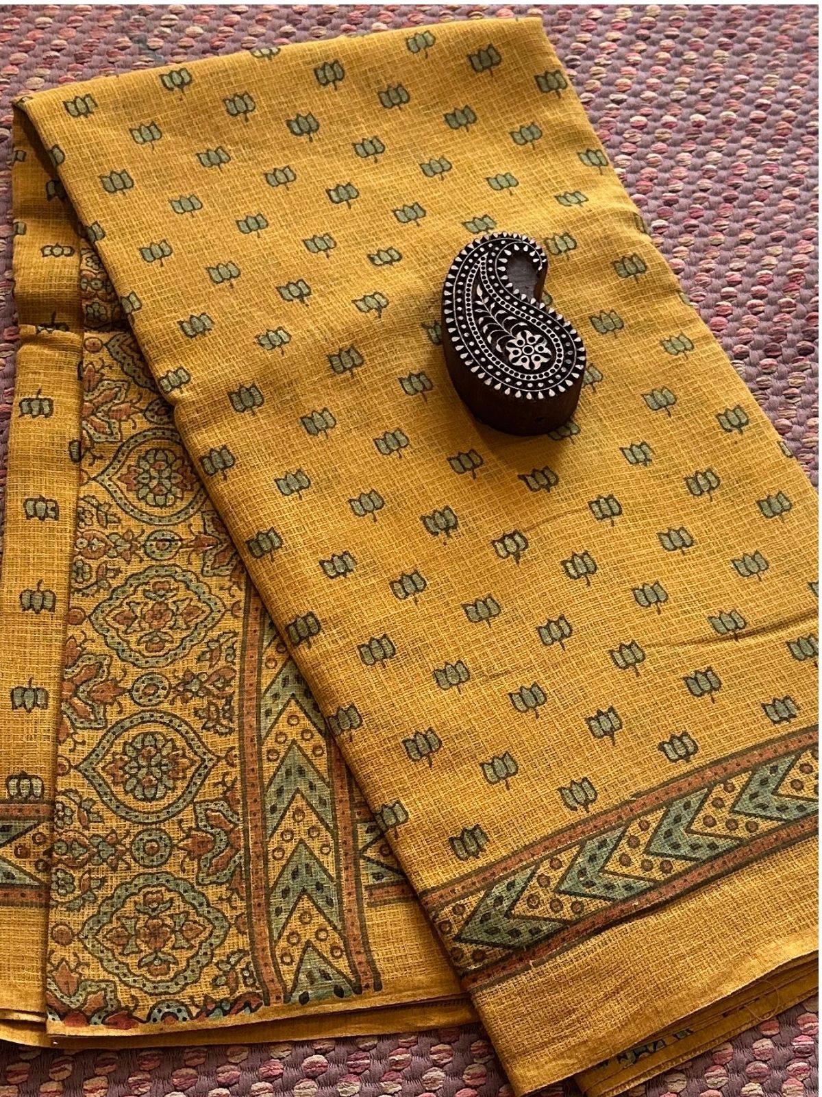 Ajrak Handblocked Kota Doria Embroidered Saree with Blouse Fabric