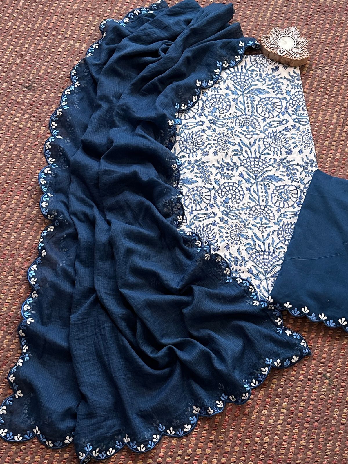 Pure Cotton Hand blocked Set with Embroidered Dupatta