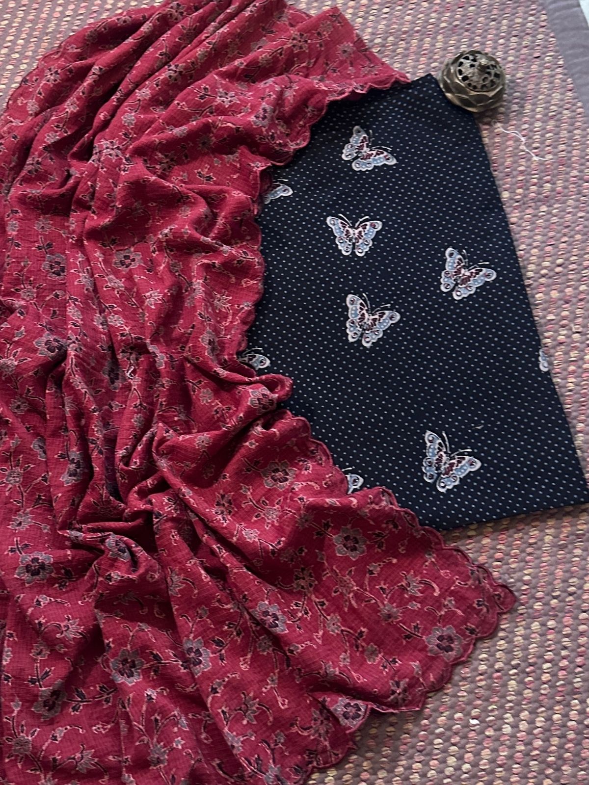 Ajrakh Cotton Malmal Handblocked Set- Top & Dupatta