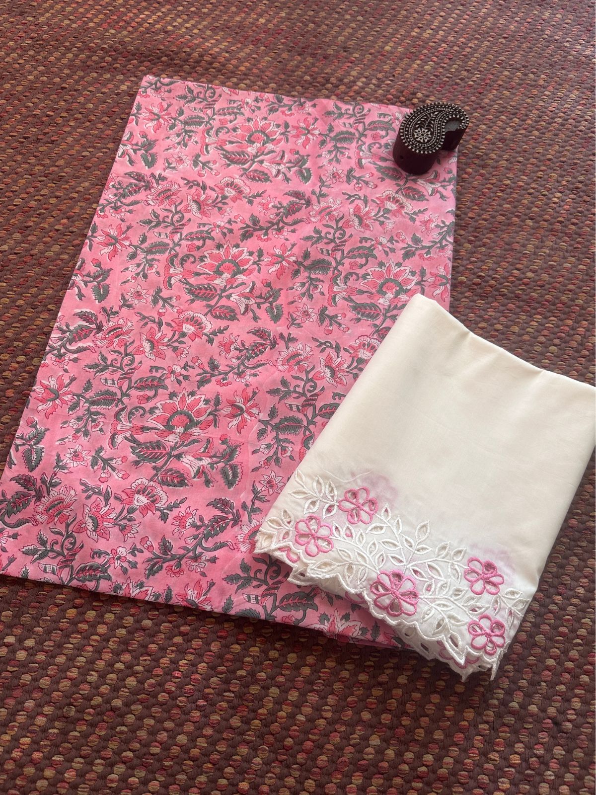 Pure Cotton fabric with Cutwork Bottom Unstitched Set