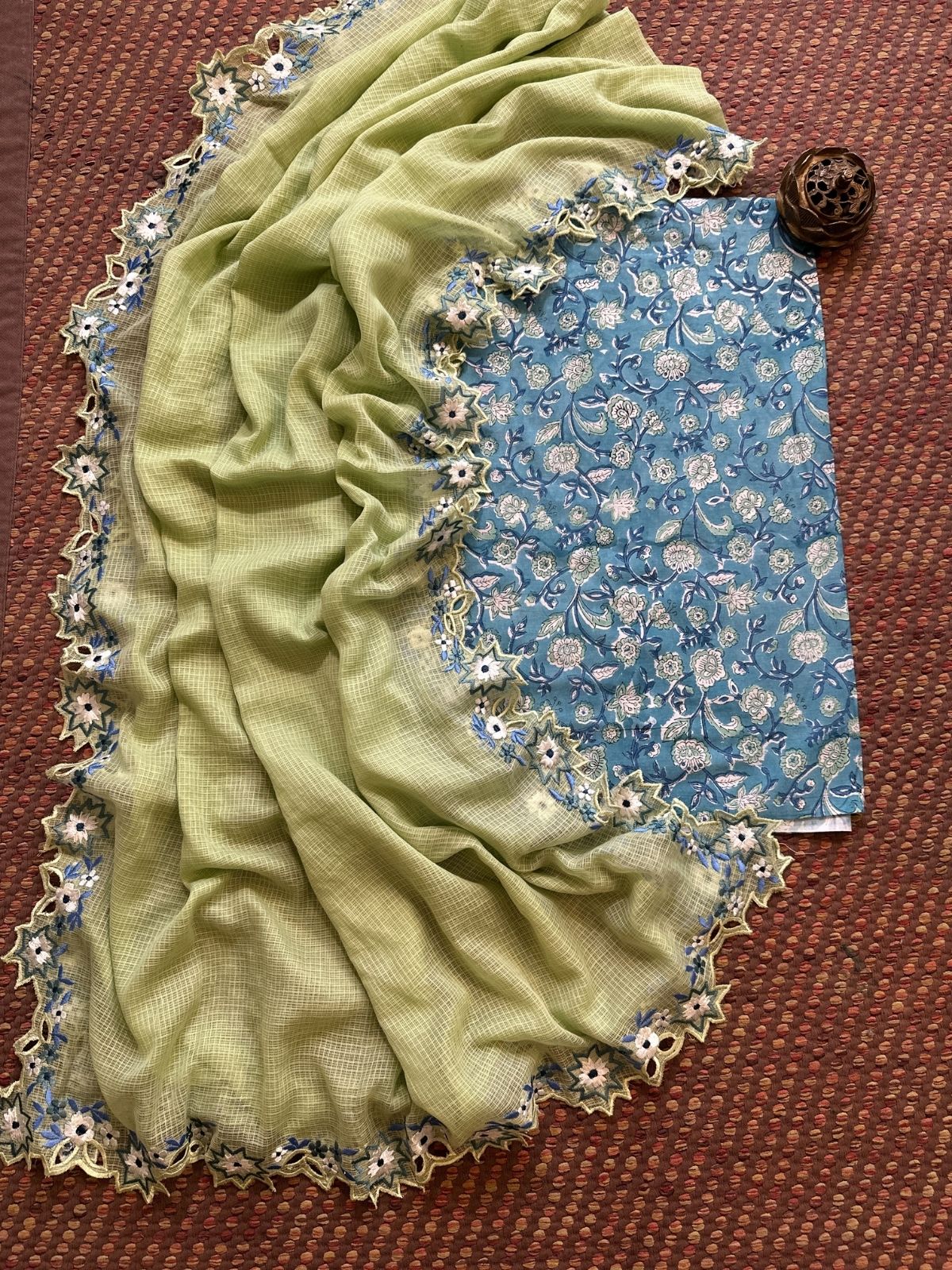 Pure Cotton Handblock Fabric with Exclusive Cutwork Embroidered Dupatta (Copy)