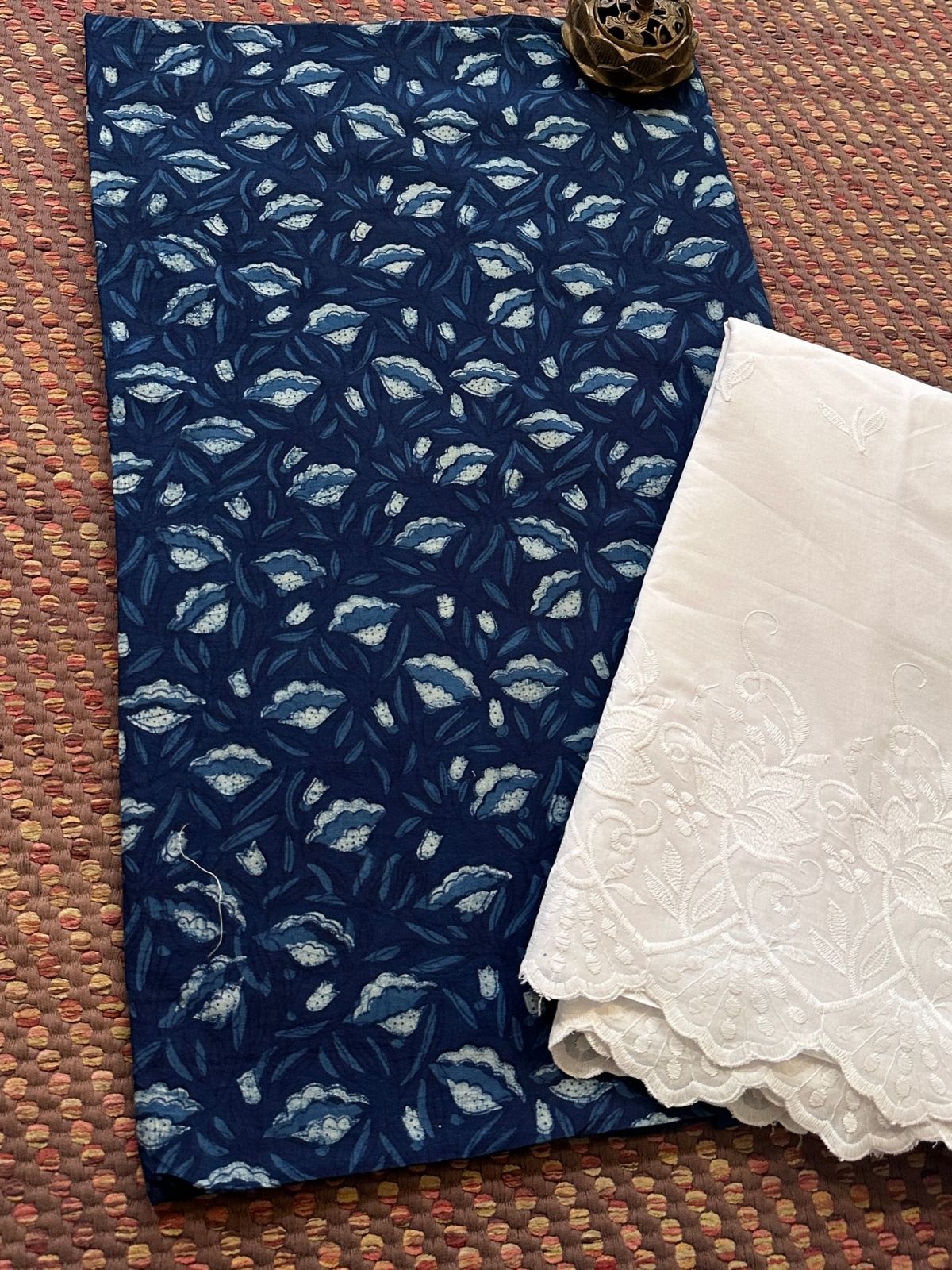 Pure Cotton Indigo Handblocked Fabric with Embroidered Bottom