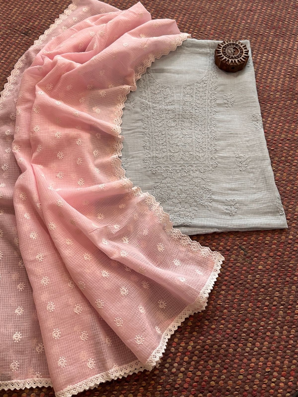 Chikankari Hand Embroidered Fabric with Embroidered Kota Dupatta