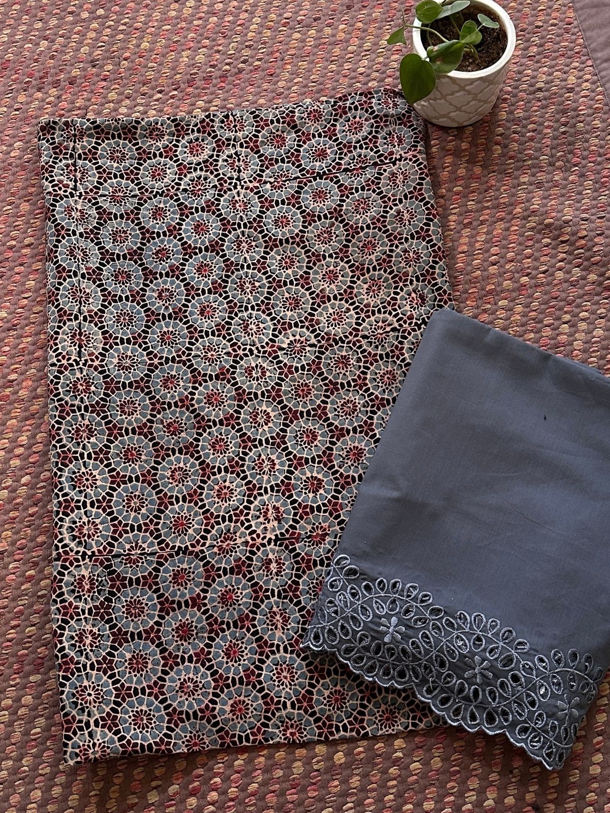 Pure Cotton Malmal  AjFabric with Exclusive Cutwork Bottom & Kota Doria Dupatta