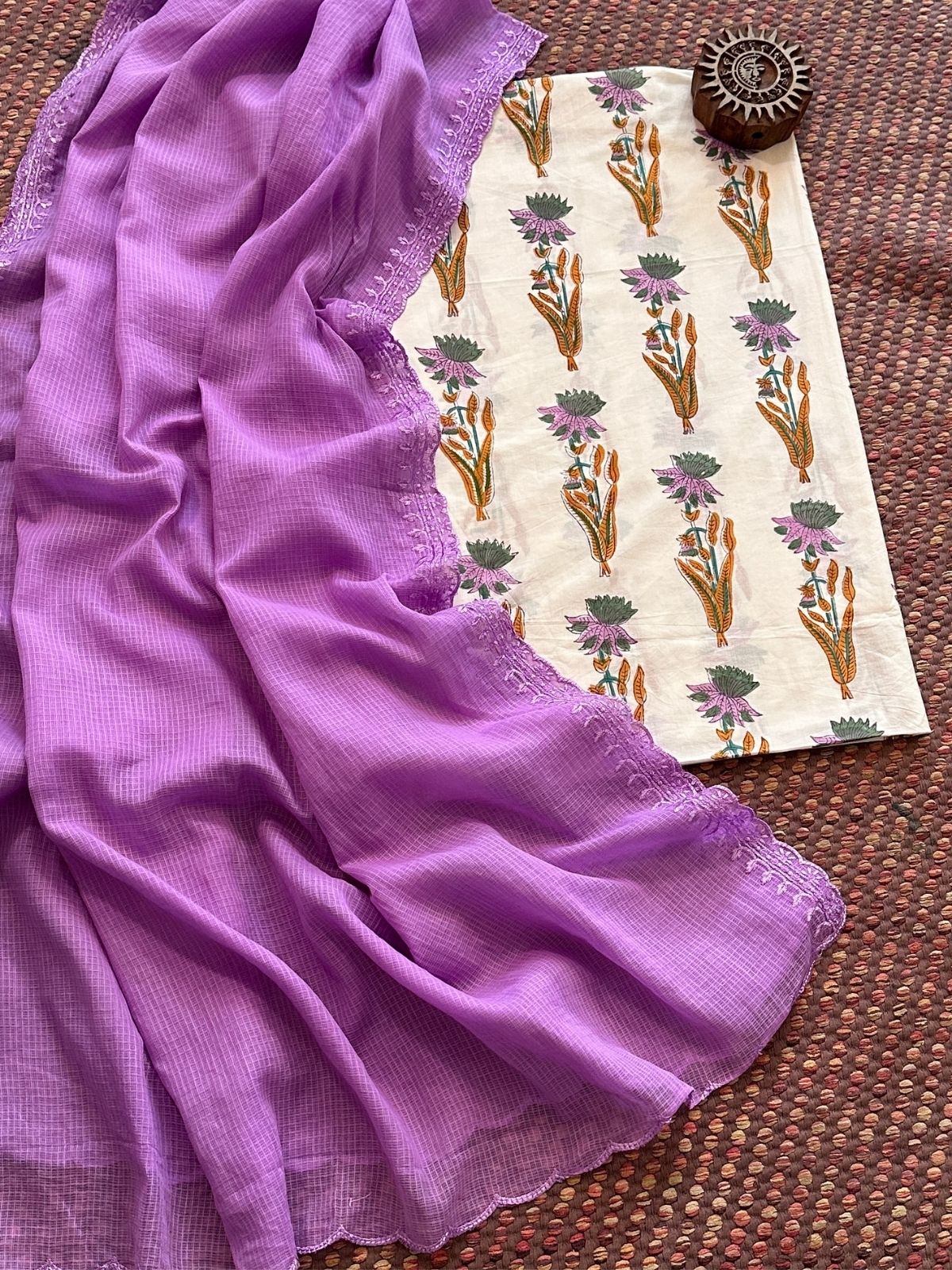 Pure Cotton Malmal Handblock Fabric with Embroidered Kota Dupatta