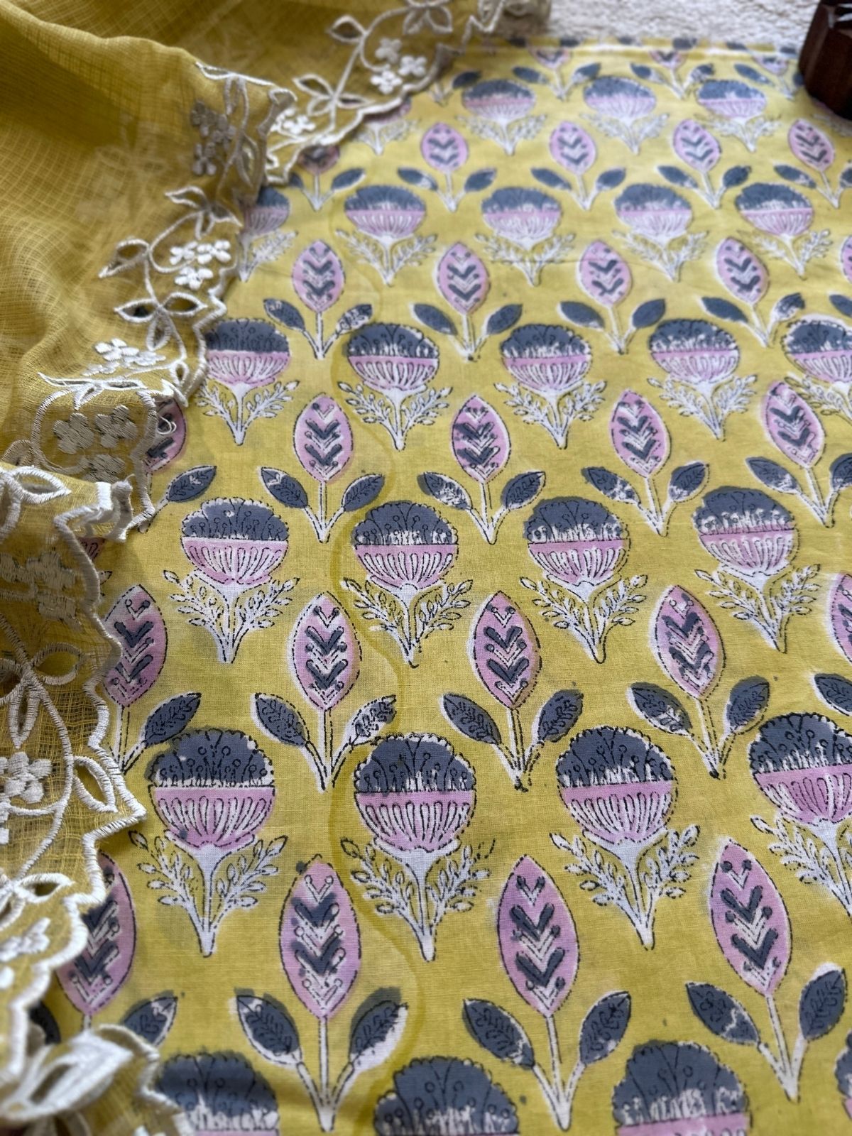 Ketaki Set- Sanganeri Block Print Fabric with Cutwork Embroidered Dupatta