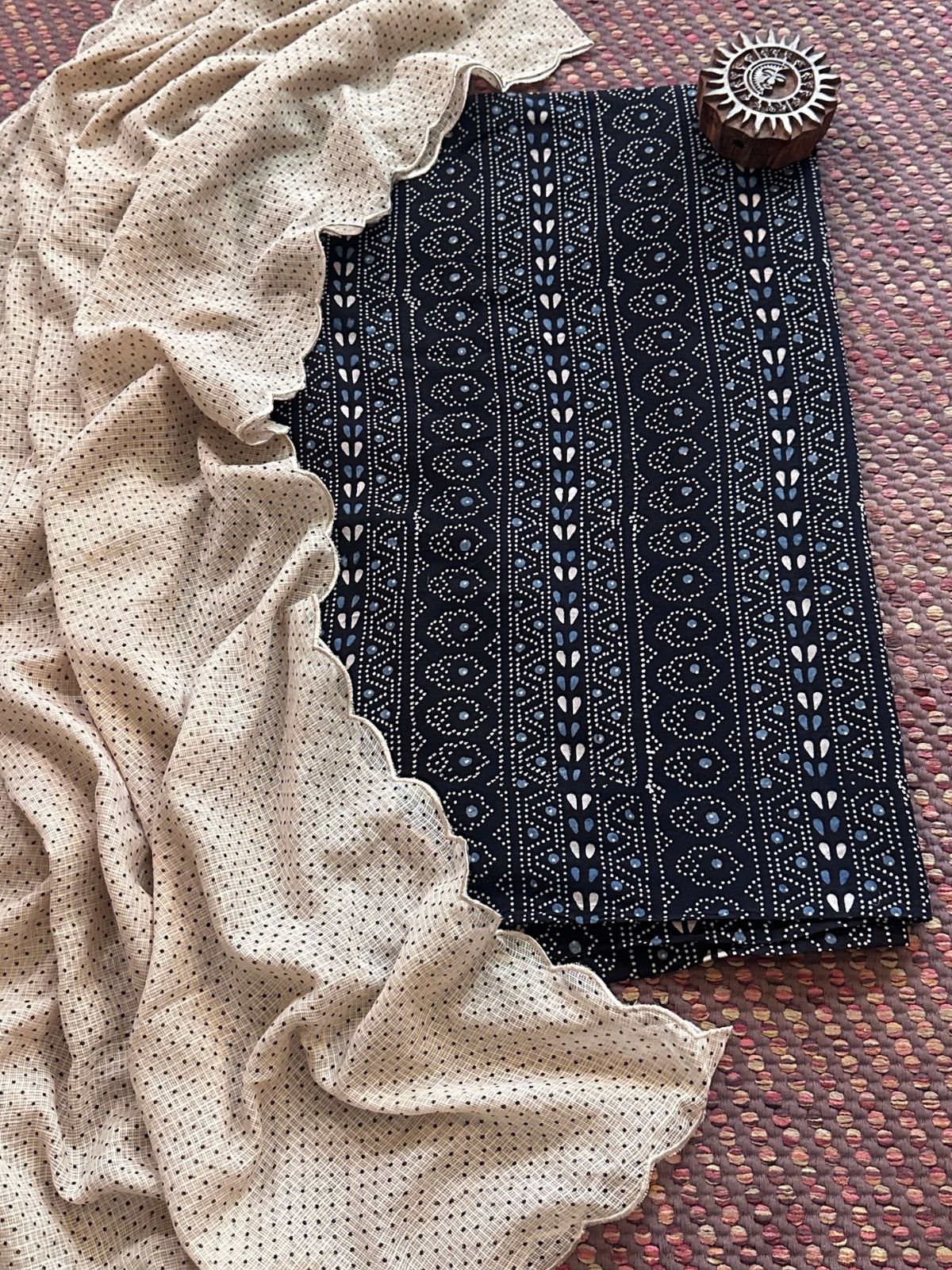 Ajrakh Cotton Malmal Handblocked Set- Top & Dupatta