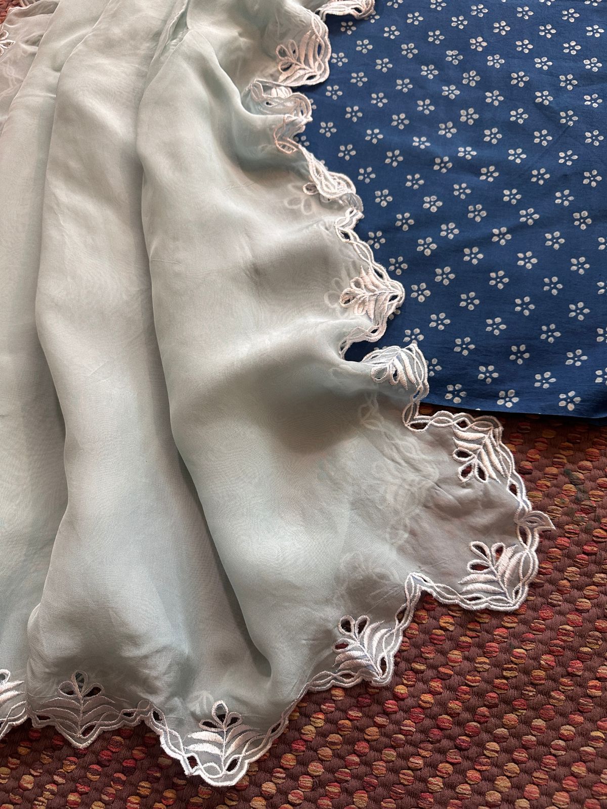 Pure Cotton Indigo Handblocked Fabric with Exclusive Cutwork Organza Dupatta