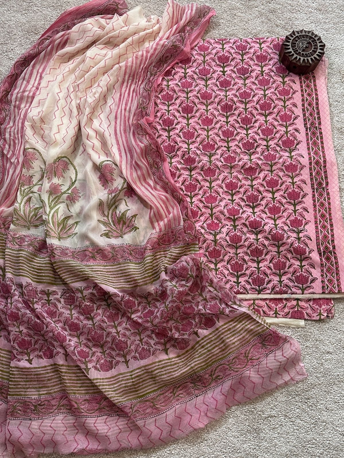 Pure Cotton Handblocked Unstitched Set with pure chiffon Dupatta
