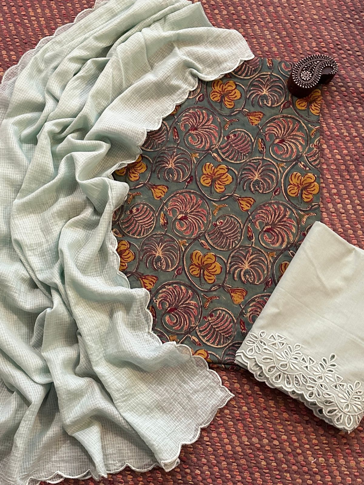 Pure Cotton Malmal Hand-blocked Fabric with Cutwork Bottom & Kota Doria Dupatta