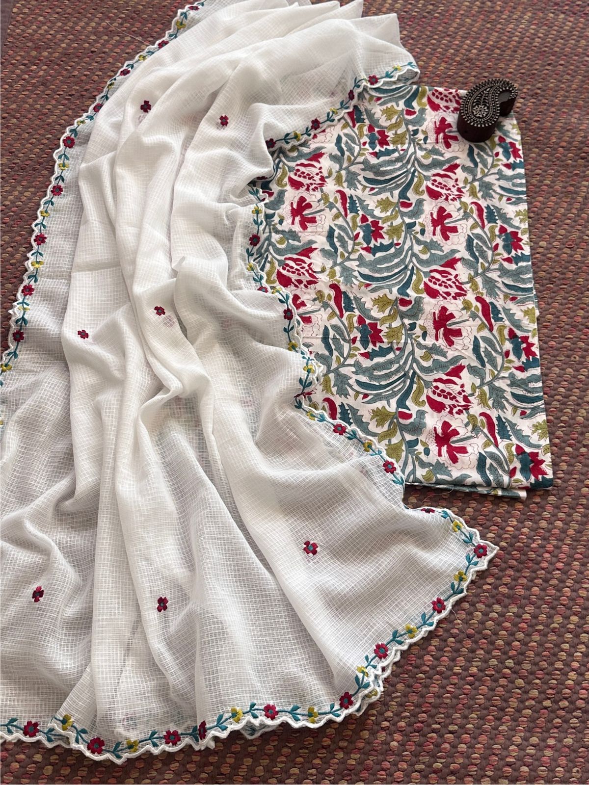 Pure Cotton Hand-blocked Fabric with Exclusive Embroidered Dupatta