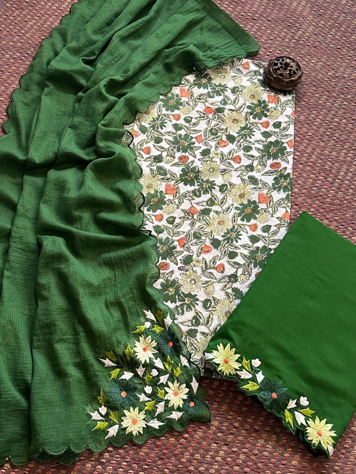 Pure Cotton Handblocked Fabric with Embroidered Dupatta & Bottom