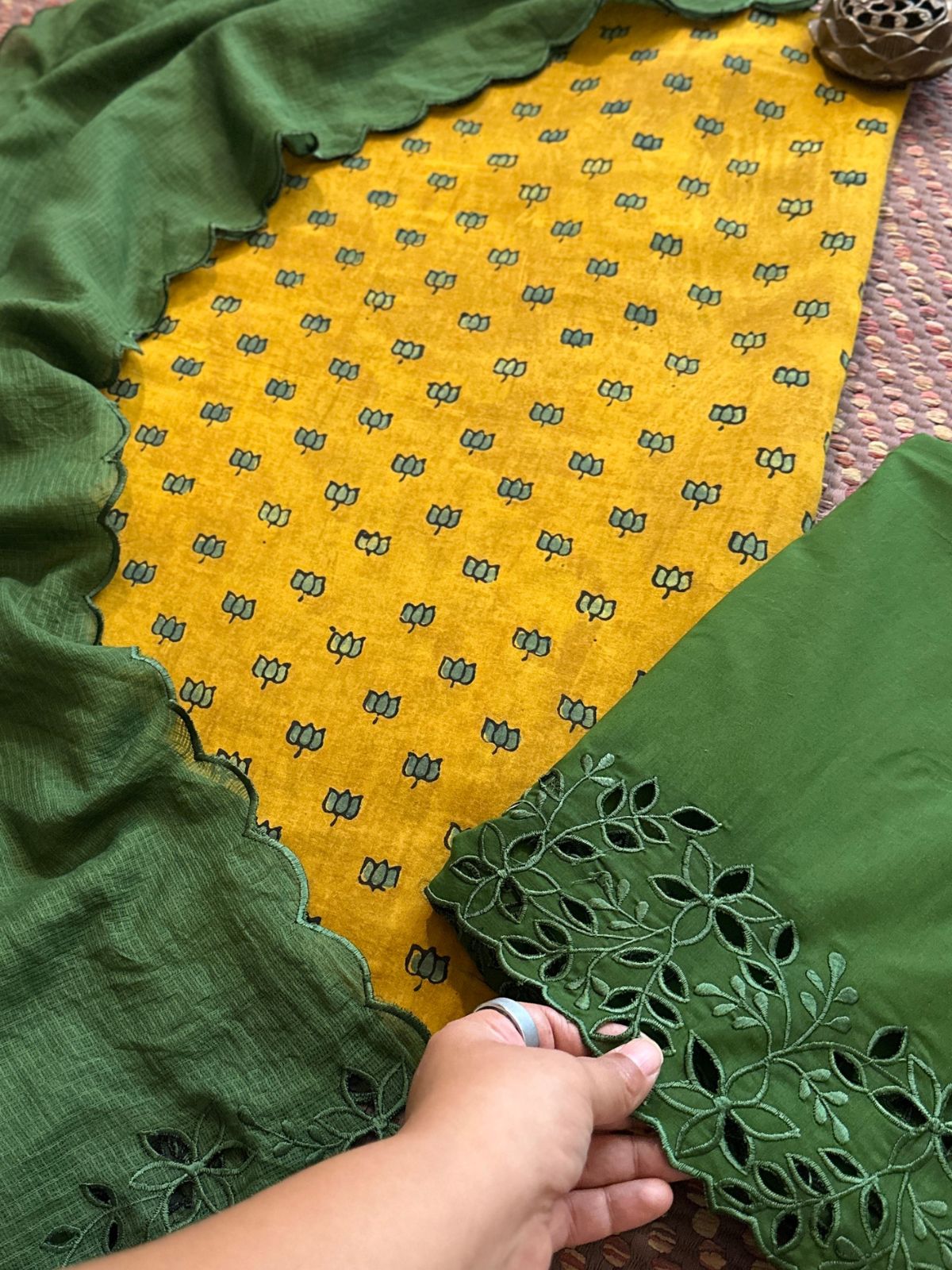 Pure Cotton Malmal  Hand-blocked Ajrak Fabric with Cutwork Bottom & Kota Doria Dupatta