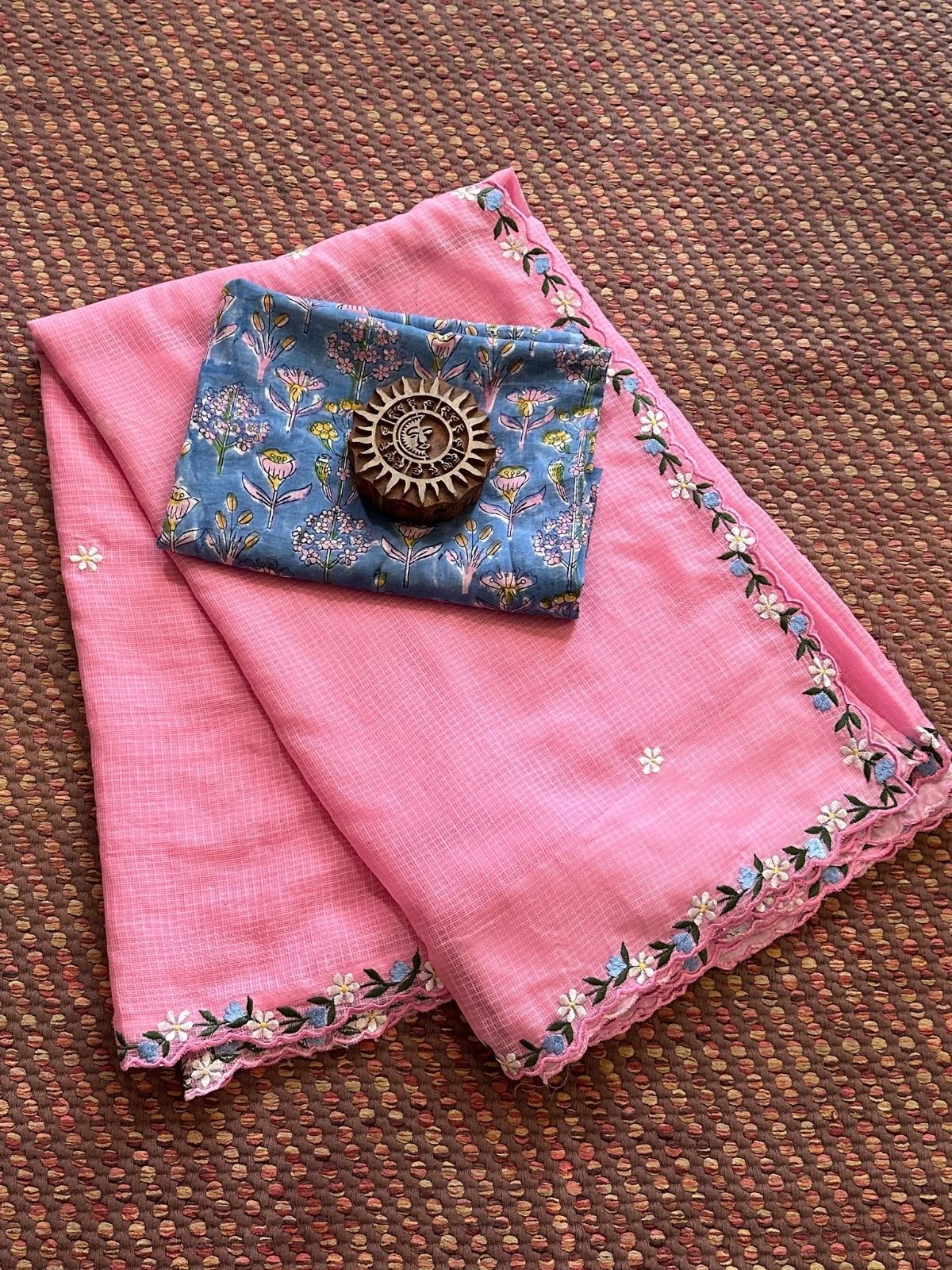 Kota Doria Embroidered Saree with Hand Block Blouse fabric