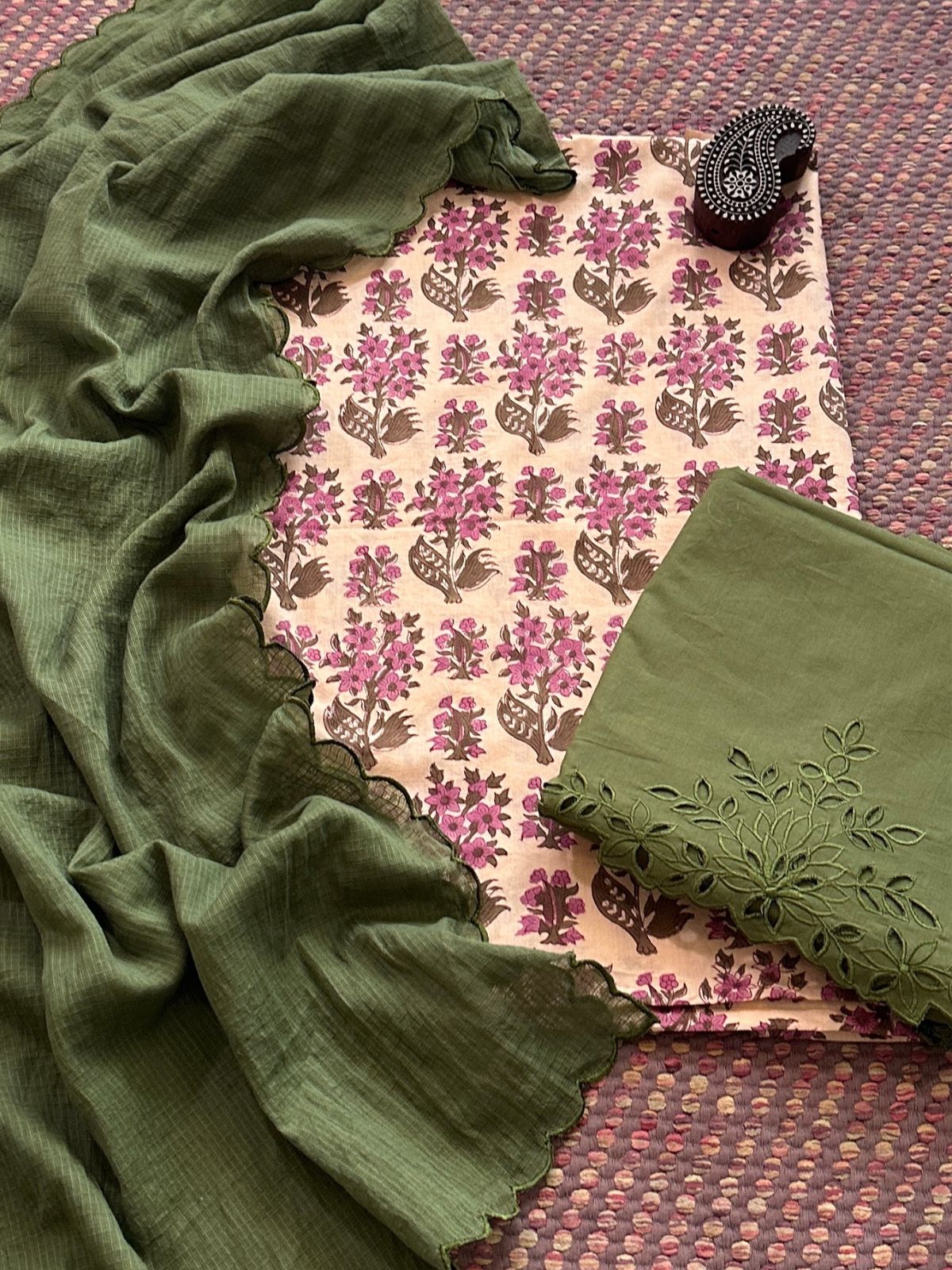 Pure Cotton Hand-blocked Fabric with Cutwork Bottom & Kota Doria Dupatta