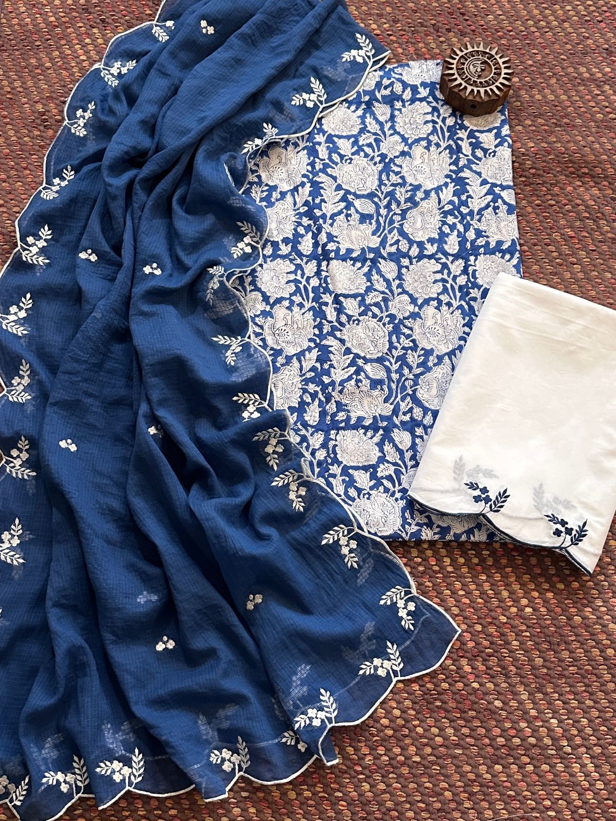 Pure Cotton Hand-block Fabric with Embroidered Bottom & Kota Doria Dupatta