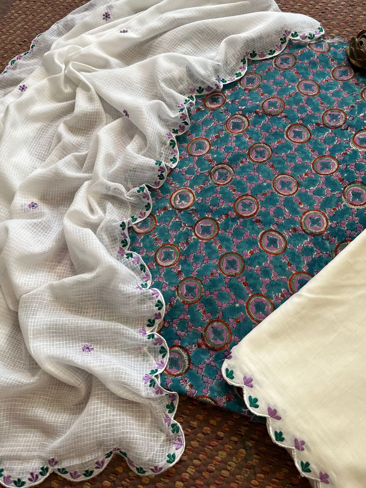 Pure Cotton Hand-block Fabric with Embroidered Bottom & Kota Doria Dupatta