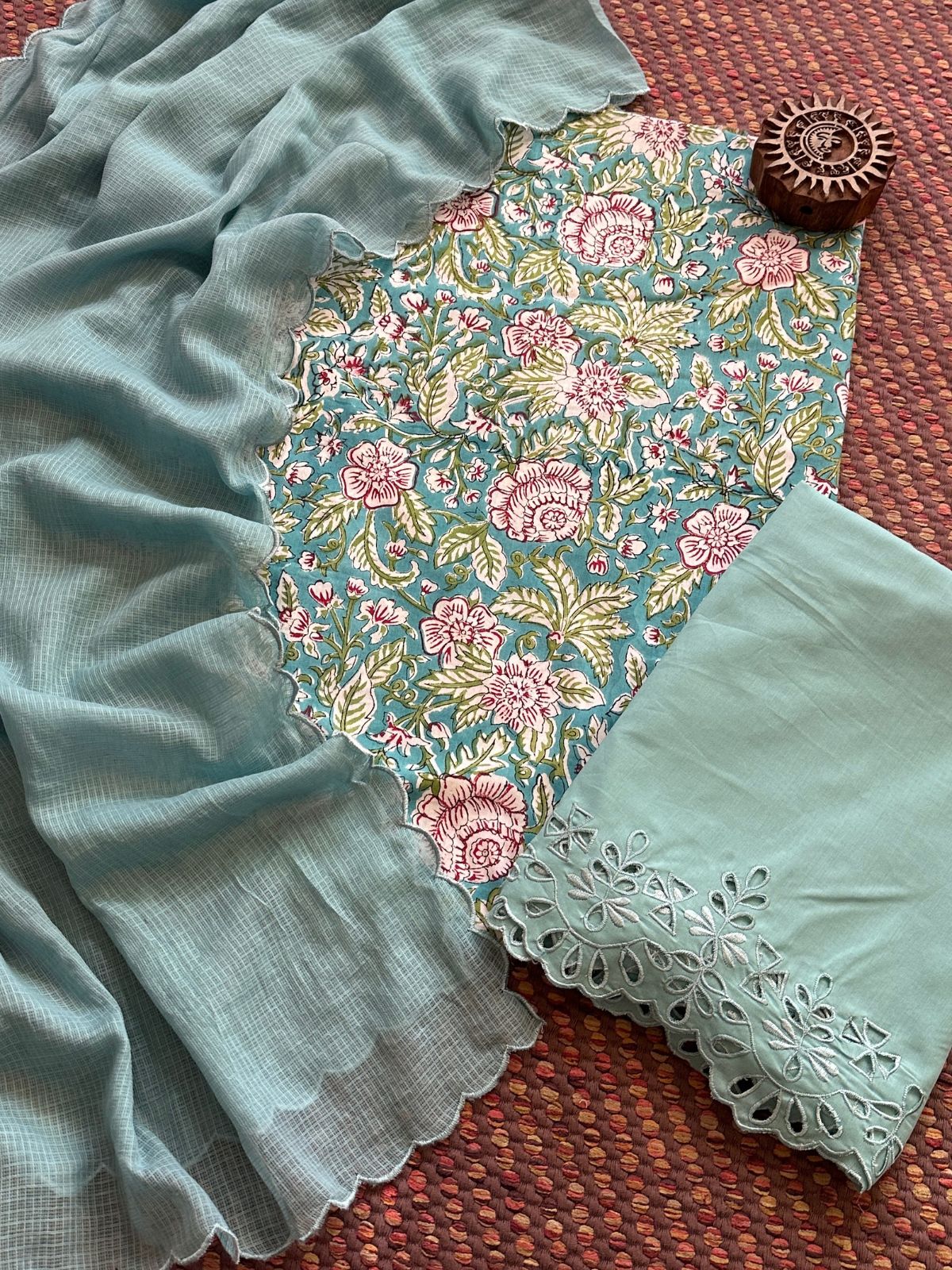 Pure Cotton Hand-blocked Fabric with Cutwork Bottom & Kota Doria Dupatta