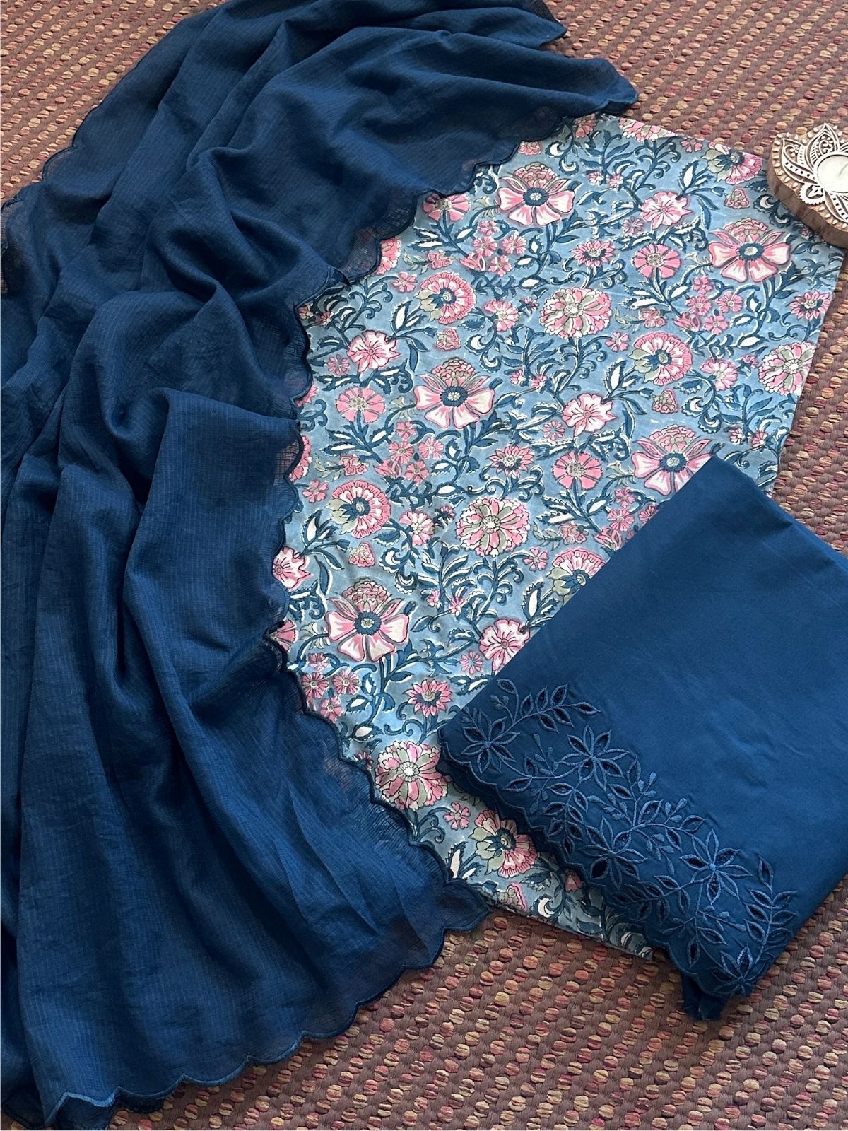 Pure Cotton Hand-blocked Fabric with Cutwork Bottom & Kota Doria Dupatta