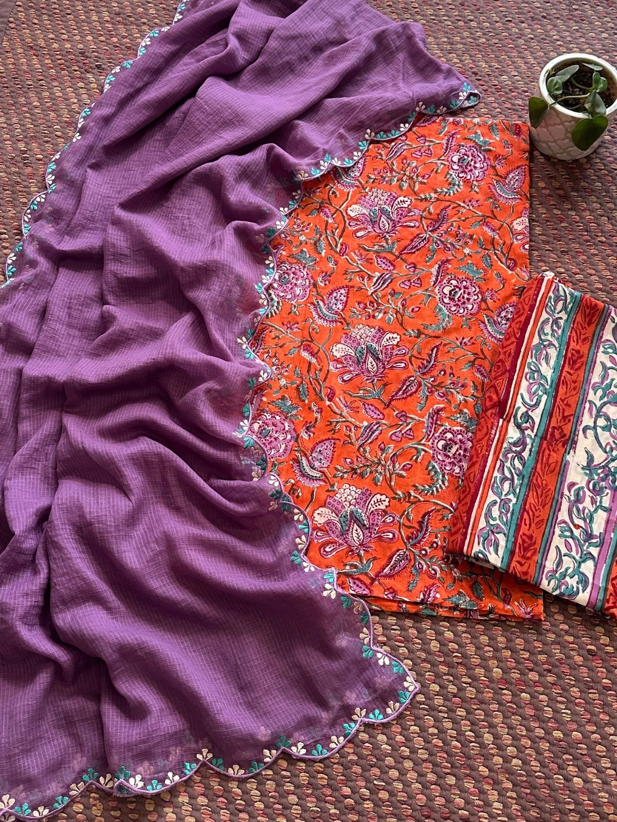 Pure Cotton Mul Hand-blocked Set with Embroidered Dupatta