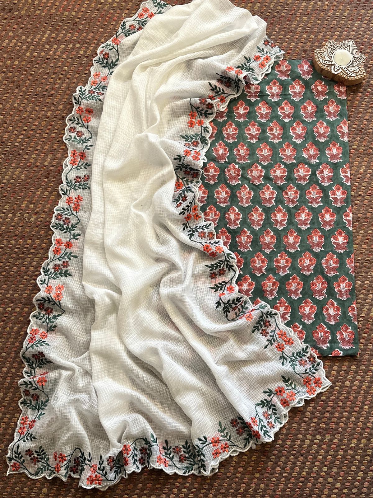 Pure Cotton Handblock Fabric with Exclusive Embroidered Dupatta